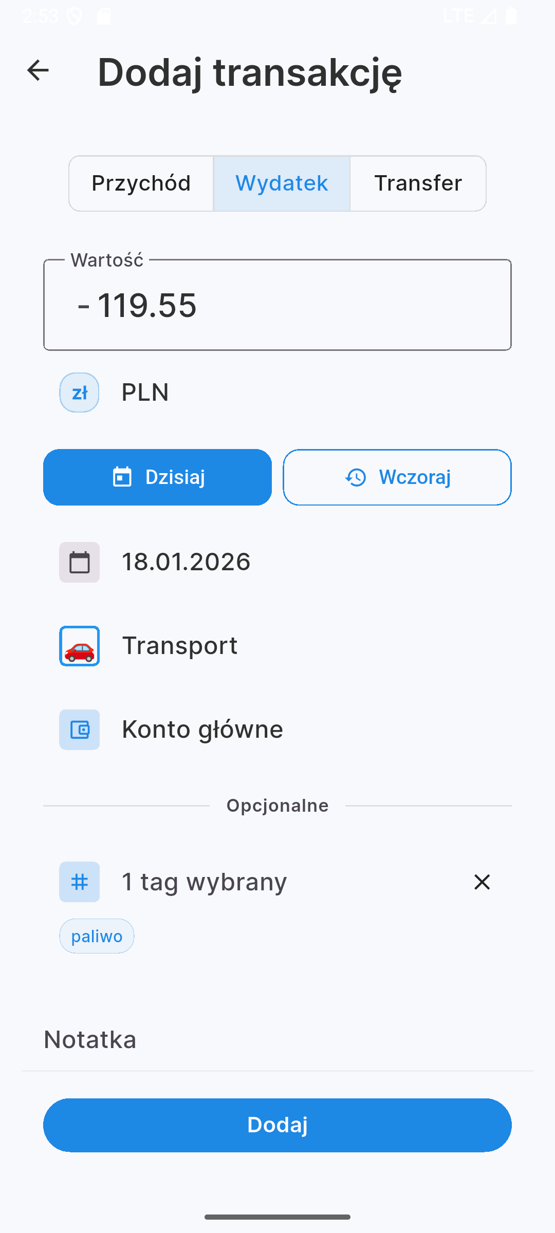 Dodawanie nowej transakcji