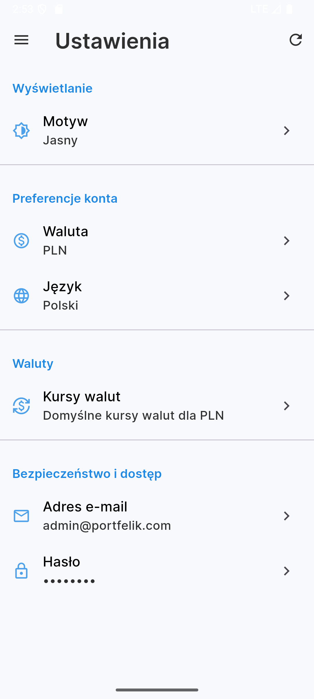 Ustawienia aplikacji Portfelik